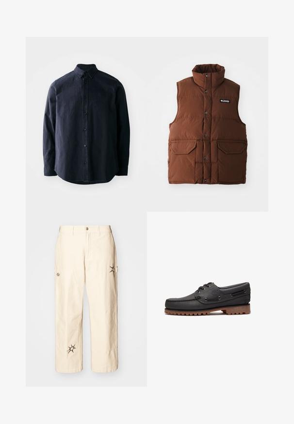 Gilet matelassé marron avec col haut, boutons-pression et deux poches avant. Fabriqué en tissu matelassé pour l'isolation. Logo de la marque affiché sur la poitrine.; Chemise boutonnée bleu marine foncé avec col pointu, manches longues et ourlet droit. Présente un logo subtil sur la poitrine et un tissu texturé.; Obey Clothing BIG TIMER CARPENTER - Pantalon cargo - clay; Chaussure bateau en cuir noir avec détails en lacets, bout rond, semelle en caoutchouc marron texturée et côtés en cuir cousus.