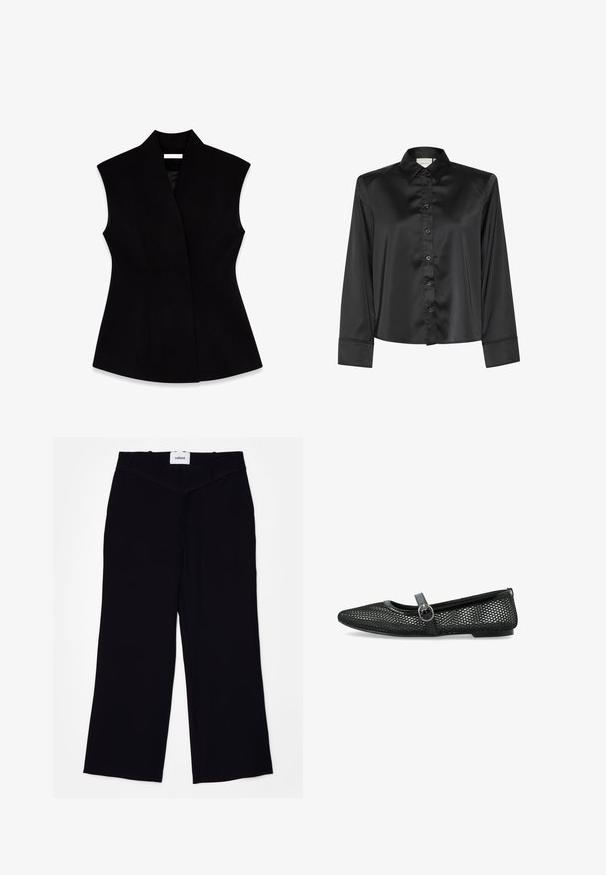 Sort ærmeløs vest med høj krave, lavet af glat stof, der har en tætsiddende silhuet og sidesømmer for formning.; Sort satin skjorte med lange ærmer, klassisk krave, knapfront og manchetter. Glat tekstur med en blank overflade, skræddersyet pasform.; Sorte brede bukser lavet af et glat stof. Har en flad talje med bælteløkker og en ren finish ved kanterne.; Sorte mesh balletflade har en rund tå, en tynd rem med spænde og en flad sål. Overdelen har et geometrisk mønster for ventilation.