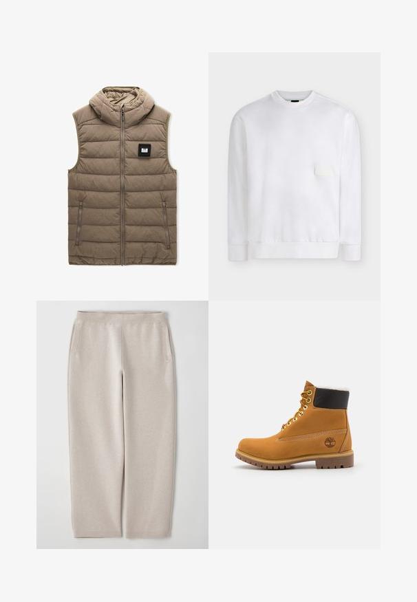 Polstret beige vest med hætte, lynlåslukning foran, to sidelommer og et lille sort mærke på brystet. Struktureret overflade med kviltet mønster.; Hvid crewneck sweatshirt med lange ærmer og ribbet manchet og kant, med en lille rektangulær lap på venstre bryst.; Beige sweatpants lavet af blødt stof, med en bred talje, sidelommer og indsnøvrede ben for en afslappet pasform.; Brune læder ankelstøvle med metaløjer, hvid pelsforing, sort polstret krave, robust sål og præget logo på siden.