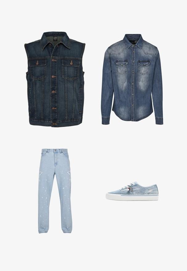 Denim vest in een donkerblauwe kleur, met een knoopsluiting aan de voorkant, twee borstzakken en een klassieke kraag. Getextureerde stof met zichtbare naden.; Denim overhemd in donkerblauw met een klassieke kraag, lange mouwen, twee borstzakken, vervaagde textuur en knopen in de voorkant.; Lichtblauwe denim jeans met een relaxte pasvorm, voorzien van stervormige uitsparingen, verfspetters en een klassieke vijf-pocket ontwerp.; Lage sneaker in lichtblauw denim met witte rubberen zool, witte veters en decoratieve hangertjes die aan de zijkant van de veterogen hangen.