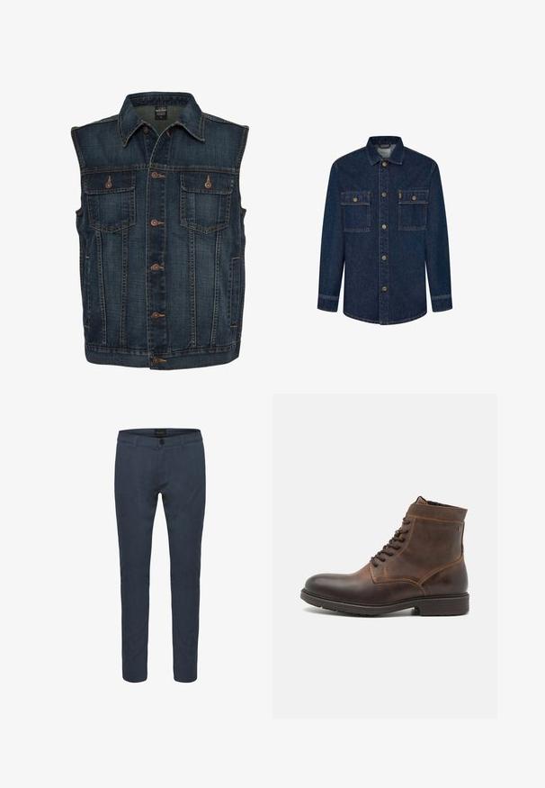 Denim vest in een donkerblauwe kleur, met een knoopsluiting aan de voorkant, twee borstzakken en een klassieke kraag. Getextureerde stof met zichtbare naden.; Donkerblauwe denimjas met lange mouwen, twee borstzakken en knoopsluiting. Voorzien van contrasterende stiksels en een kraag.; Donkerblauwe op maat gemaakte broek van stof, met een knoopsluiting, voorzakken en een slanke pasvorm. Glad materiaal met een subtiele glans.; Jack & Jones JFWDELANEY BOOT - Veterboots - cognac
