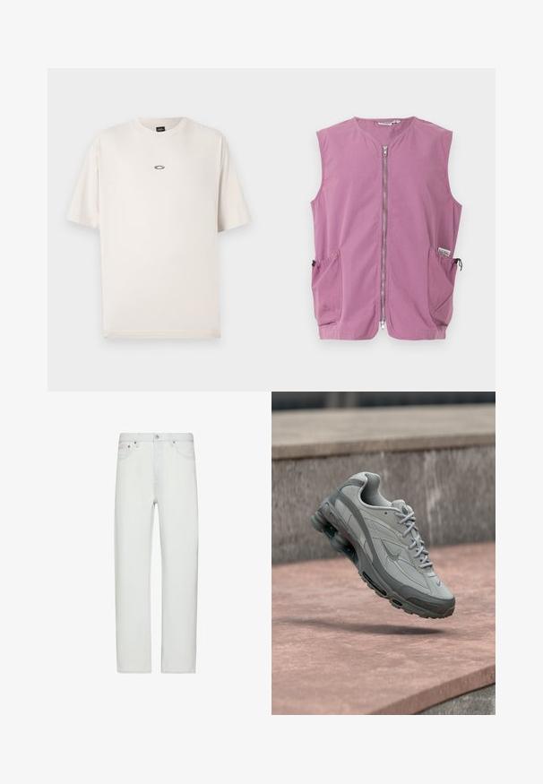 Mouwloos mauvekleurig vest met ritssluiting aan de voorkant en twee zijzakken met verstelbare koordjes.; Oakley RISE TEE - T-shirt basic - mist; Witte rechte jeans met hoge taille, voorzien van een knoop- en ritssluiting aan de voorkant, riemlussen en voorzakken.; Grijze en witte Nike-sneaker zwevend boven een stenen trede met zichtbare luchtvering en een gestructureerde zool.