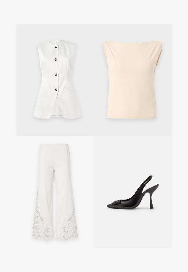 Gilet sans manches blanc ajusté avec quatre boutons noirs sur le devant et deux poches fendues horizontales sur un fond blanc.; Blouse sans manches beige avec larges épaules et encolure bateau, présentée sur un fond gris clair uni.; Pantalons larges en tissu blanc présentant des motifs de broderie beige complexes et des ourlets festonnés au bas des jambes.; Chaussure slingback en cuir noir avec un bout pointu, un talon haut fin et un accent de nœud décoratif. Texture lisse et design élégant.