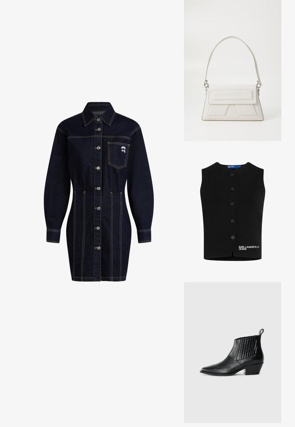 Chaleco de punto negro con escote redondeado, cierre de seis botones y "KARL LAGERFELD JEANS" bordado en blanco en la parte inferior izquierda.; Vestido de camisa de mezclilla oscura con cuello tipo polo, botones en la parte delantera y mangas largas. Presenta un bolsillo en el pecho y detalles de costura en color amarillo.; Botín de piel negra con punta afilada, panel lateral acolchado y tacón bajo tipo bloque. Marca sutil en el lateral.; Bolso de mano de piel blanca con un diseño estructurado, que presenta una tapa superior, un logo grabado y una correa de hombro delgada adornada con herrajes plateados.