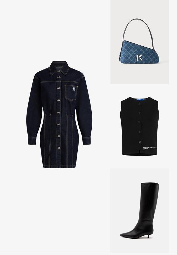 Schwarze Strickweste mit rundem Ausschnitt, sechs Knopfverschlüssen und "KARL LAGERFELD JEANS" in Weiß auf der linken unteren Seite gestickt.; Dunkelblaues Jeanshemdkleid mit Kragen, Knöpfen auf der Vorderseite und langen Ärmeln. Verfügt über eine Brusttasche und gelbe Stichakzente.; Schwarzer kniehoher Lederstiefel mit spitz zulaufender Schuhspitze und niedrigem Kittenabsatz vor einem schlichten hellen Hintergrund.; Blaue gesteppte Denim-Schultertasche mit schwarzem Riemen und silbernem „K“-Logo vorne, auf schlichtem weißem Hintergrund dargestellt.