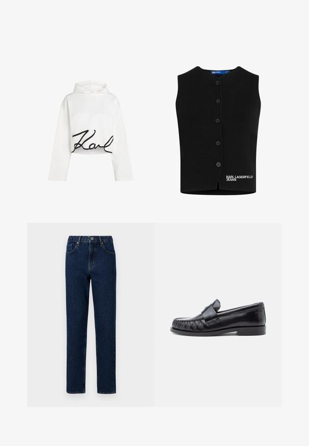 Sort strikket vest med rund halsudskæring, seks knaplukninger og "KARL LAGERFELD JEANS" broderet i hvidt nederst til venstre.; Hvid cropped hoodie i blødt stof med lange ærmer og et sort skriftlogo på forsiden. Glat tekstur med en afslappet pasform.; Mørkeblå denim jeans med lige ben, der har en talje med en elastisk sektion, forlommer og minimale syninger.; Sorte læderloafers med rundet tå, karakteristisk syning og en dekorativ rem over vampen. Glat finish og lav hæl.
