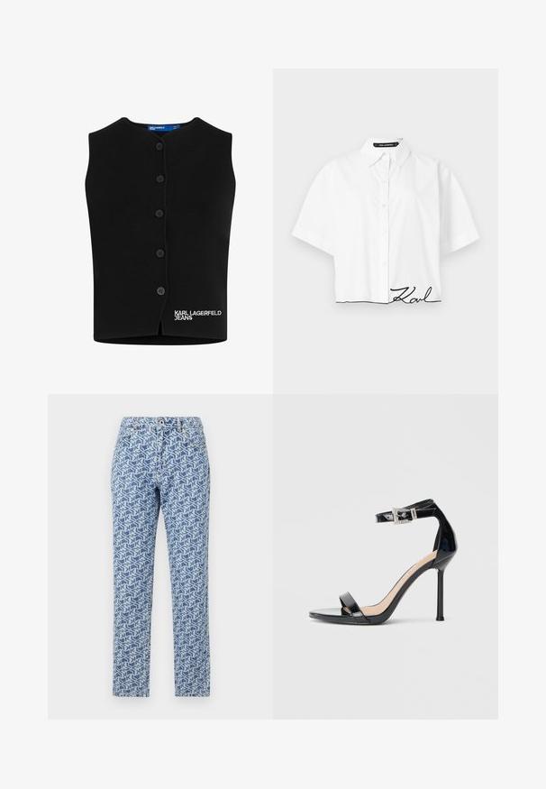 Must tumeel kooted vest, millel on ümar kaelus, kuus nööbi sulgemist ja valges õmmeldud "KARL LAGERFELD JEANS" alumisel vasakul küljel.; Valge lühikeste varrukatega nööpidega pluus kraega, mille allosas on tumesinine "Karl" signatuur tikitud, üheljalgsel taustal.; Heledad sinine teksapaar, millel on geomeetriline valge muster, sirge jalgade disain, nööbiga sulgemine ja viie tasku stiil.; Mustast lakknahast kõrge kontsaga sandaal, millel on pahkluu rihm. Oman minimalistlikku disaini, avatud varvaste ja litritega kaunistatud pandlaga.