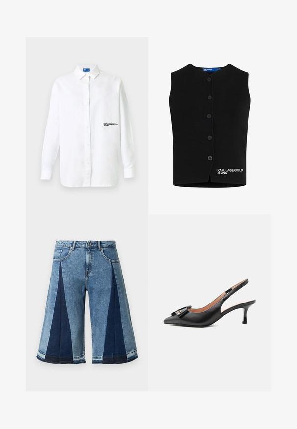 Schwarze Strickweste mit rundem Ausschnitt, sechs Knopfverschlüssen und "KARL LAGERFELD JEANS" in Weiß auf der linken unteren Seite gestickt.; Weißes Hemd mit langen Ärmeln, Knopfleiste und Kragen sowie schwarzem "KARL LAGERFELD JEANS"-Schriftzug auf der linken Brust.; Denim-Shorts mit einem Patchwork-Design in hellblau und dunkelblau. Gerader Schnitt, knie-lang mit einem fransigen Saum und klassischer fünf-Taschen-Optik.; Schwarzer Leder-Slingback-Kitten-Heel mit spitzer Spitze und dekorativer Schleife mit kleinem goldenem Akzent auf schlichtem weißem Hintergrund.