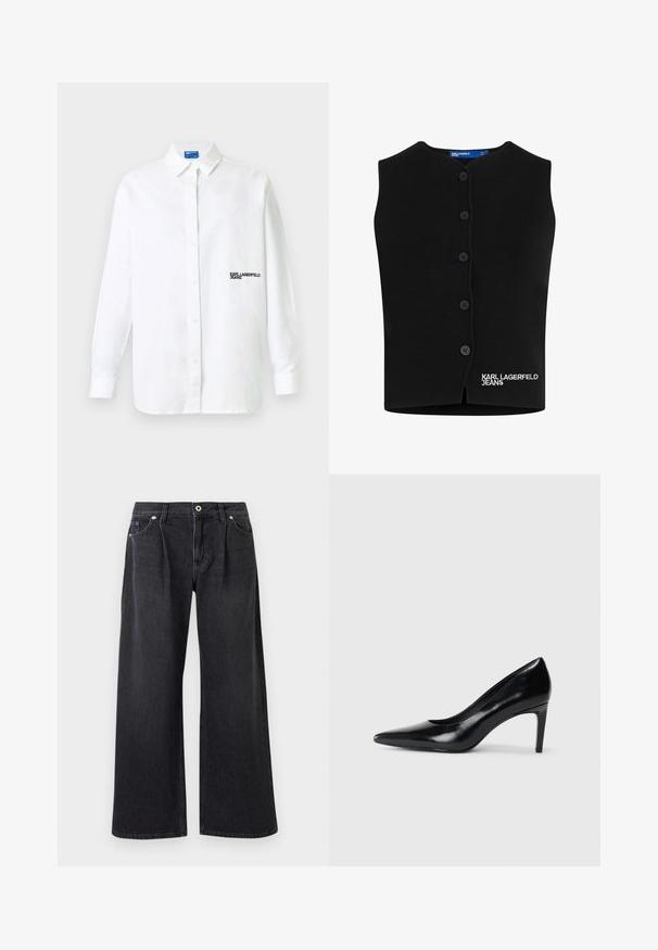Čierny pletený sveter s oblečeným výstrihom, šiestimi gombíkmi a vyšitým nápisom "KARL LAGERFELD JEANS" v bielej farbe na dolnom ľavom rohu.; Biela košeľa s dlhými rukávmi na zapínanie na gombíky, s golierom a čiernym textovým logom "KARL LAGERFELD JEANS" na ľavej strane hrude.; Široké čierne džínsy vyrobené z denimu, s predným zapínaním na gombík, dvoma prednými vreckami a čistým dizajnom bez ozdôb.; Čierna kožená vysoká topánka s ihlovým podpätkom a špičatou špicou, hladkou textúrou a zúženým podpätkom. Minimalistický dizajn, bez ďalších ozdôb.