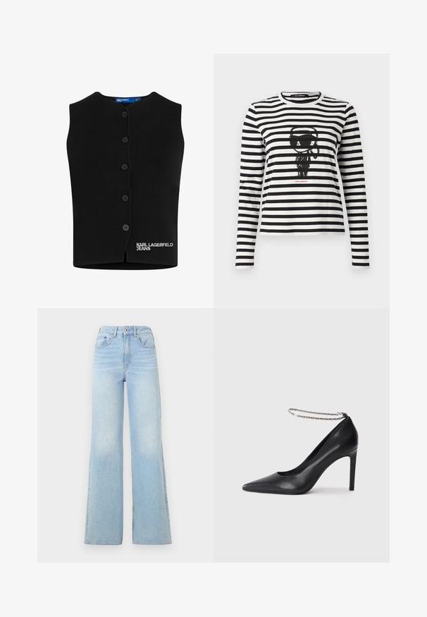 Must tumeel kooted vest, millel on ümar kaelus, kuus nööbi sulgemist ja valges õmmeldud "KARL LAGERFELD JEANS" alumisel vasakul küljel.; Pikend varrukatega triibuline T-särk musta ja valge puuvilla kombinatsioonis. Keskosas on graafika isikust, kes kannab päikeseprille, ja allpool on tekst "Karl Lagerfeld".; Heledad sinine kõrge vöökohaga teksad, laia säärega disainiga. Omab viit taskut ja nööbilukuga, valmistatud veidi fäärdunud denimist.; Must musta kõrged kontsad mustast nahast, terava varbaga, millel on õhuke hõbedane kett jalaümber ja sile, läikiv tekstuur.
