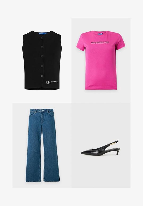 Čierny pletený sveter s oblečeným výstrihom, šiestimi gombíkmi a vyšitým nápisom "KARL LAGERFELD JEANS" v bielej farbe na dolnom ľavom rohu.; Ružová bavlnená tričko s okrúhlym výstrihom, krátkymi rukávmi a potlačou loga v čiernej farbe na prednej strane, s elegantným a moderným dizajnom.; Široké modré denimové džínsy s klasickým dizajnom piatich vreciek, s predným zapínaním na gombík a zips a jemne vyblednutou textúrou.; Čierne kožené slingback opätky s špicatou špičkou, s úzkym opätkom a zlatým detailom na nastaviteľnom remienku. Hladká textúra.