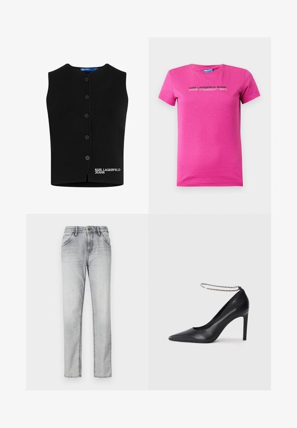Schwarze Strickweste mit rundem Ausschnitt, sechs Knopfverschlüssen und "KARL LAGERFELD JEANS" in Weiß auf der linken unteren Seite gestickt.; Rosa Baumwoll-T-Shirt mit Rundhalsausschnitt, kurzen Ärmeln und einem in Schwarz bedruckten Logo-Design auf der Vorderseite, das ein schlankes, modernes Layout zeigt.; Graue Jeans aus Denim mit klassischem Schnitt, ausgestattet mit einem Knopfverschluss, fünf Taschen und subtilen Auswaschungen für Textur. Gerader Beinansatz.; Schwarze Leder-Pumps mit hohen Absätzen und spitz zulaufender Zehenpartie, ausgestattet mit einem dünnen silbernen Kettenknöchelriemen und einer eleganten, glatten Textur.