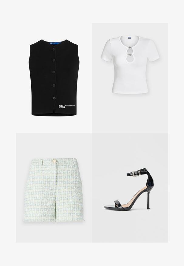 Gilet en tricot noir avec un col rond, six boutons de fermeture, et "KARL LAGERFELD JEANS" brodé en blanc en bas à gauche.; Top blanc à manches courtes côtelé avec découpe à l'encolure ronde maintenue par deux fermoirs décoratifs en forme de cœur argentés.; Shorts en tweed de couleur bleu clair et jaune pâle avec un motif à grille texturé. Dotés d'une fermeture à bouton à l'avant et d'une coupe ajustée.; Sandale à talon haut en cuir verni noir avec bride à la cheville. Présente un design minimaliste, un bout ouvert et une boucle ornée de strass.