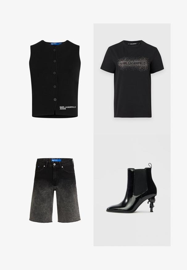 Chaleco de punto negro con escote redondeado, cierre de seis botones y "KARL LAGERFELD JEANS" bordado en blanco en la parte inferior izquierda.; Camiseta de algodón negra con un diseño texturizado y adornos metálicos en forma de puntos que forman la palabra "KARL LAGERFELD" en la parte frontal.; Shorts de mezclilla negra con un desvanecimiento de oscuro a claro. Con un dobladillo deshilachado, dos bolsillos frontales y una etiqueta de marca azul en la cinturilla.; Botín de charol negro con paneles laterales elásticos, punta afilada y un diseño único de tacón escultórico que presenta una pequeña figura.