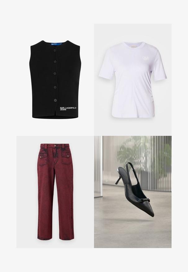 Zwarte gebreide vest met een ronde halslijn, zes knopen en "KARL LAGERFELD JEANS" geborduurd in het wit aan de onderlinkerkant.; Lichtpaarse korte mouw t-shirt gemaakt van zacht katoen. Voorzien van een ronde hals en een klein wit logo op de borst. Gladde textuur.; Rode denim broek met een vervaagde textuur, recht gesneden ontwerp, voorzakken en een aansluitende tailleband. Kenmerkt zich door zwarte stikselaccenten.; Zwarte, gestructureerde leren slingback hoge hak schoen met een puntige neus en een kleine decoratieve gesp, zwevend boven een gladde vloer.