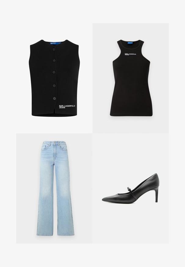 Čierny pletený sveter s oblečeným výstrihom, šiestimi gombíkmi a vyšitým nápisom "KARL LAGERFELD JEANS" v bielej farbe na dolnom ľavom rohu.; Čierny rebrovaný top na ramienka s vysokým výstrihom a bielym logom "Karl Lagerfeld Jeans" umiestneným v strede pri golieri.; Svetlomodré džíny s vysokým pásom a širokou nohavicou. Obsahujú päť vreciek a zapínanie na gombík, vyrobené z denimovej látky s jemným vyšúchaním.; Čierna kožená lodička s špicatou špičkou, tenkým remienkom a prackou cez priehlavok, stojaca na neutrálno svetlom pozadí.