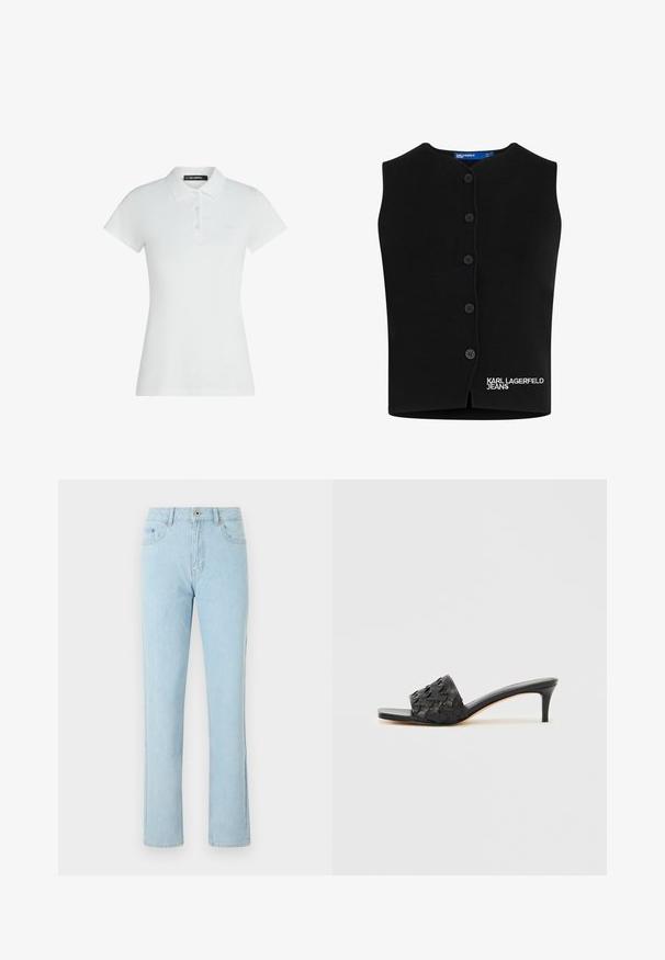 Gilet en tricot noir avec un col rond, six boutons de fermeture, et "KARL LAGERFELD JEANS" brodé en blanc en bas à gauche.; Polo blanc à manches courtes avec trois boutons, un col et un logo brodé discret sur la poitrine gauche.; Jean en denim bleu clair à jambes droites avec poches avant et arrière, fermeture par bouton et fermeture éclair, présenté sur fond blanc.; Sandales à talons noirs avec une texture tissée sur la tige, design à bout ouvert et talon haut fin. Comprend une semelle intérieure en cuir lisse.