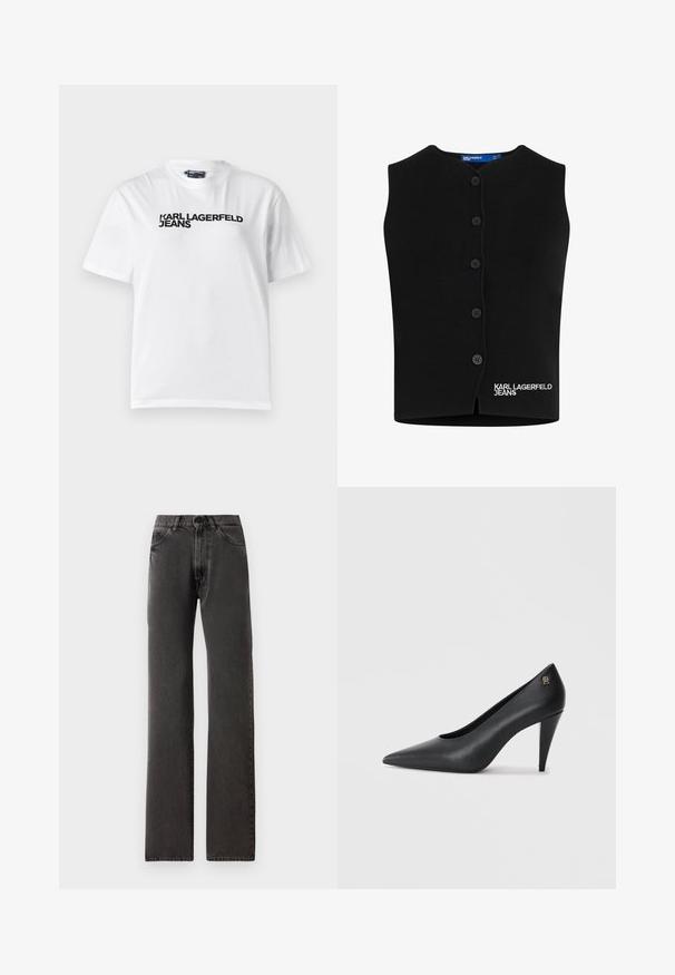Sort strikket vest med rund halsudskæring, seks knaplukninger og "KARL LAGERFELD JEANS" broderet i hvidt nederst til venstre.; Hvid bomulds T-shirt med rund halsudskæring, korte ærmer og sort trykt tekst med ordene "KARL LAGERFELD JEANS" henover brystet.; Sorte straight-leg jeans med forlommer, bæltestropper, knaplukning og synlig syning på en hvid baggrund.; Sort læder højhælede pumps med spids tå, slankt design og en subtil guldlogo accent på hælen, der har en glat tekstur.