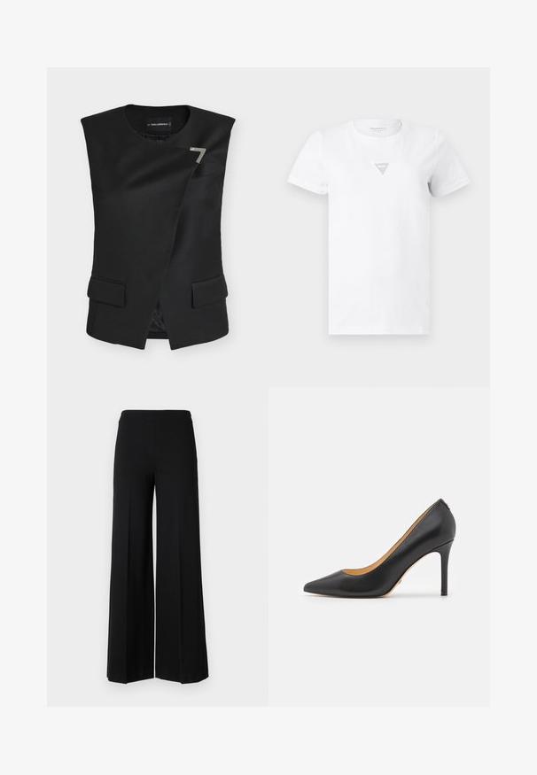 Chaleco negro sin mangas con solapa frontal asimétrica, dos bolsillos frontales y un pin decorativo plateado cerca del escote.; Camiseta blanca de manga corta con cuello redondo y pequeño logo triangular de piedras plateadas en el centro del pecho.; Pantalones de pierna ancha negros con una textura suave, que presentan una cinturilla alta y sin cierres visibles. Diseño simple y limpio.; Zapatos de tacón alto de cuero negro con punta afilada y tacón de aguja, que presentan una textura suave y un diseño minimalista. Interior forrado en color beige.