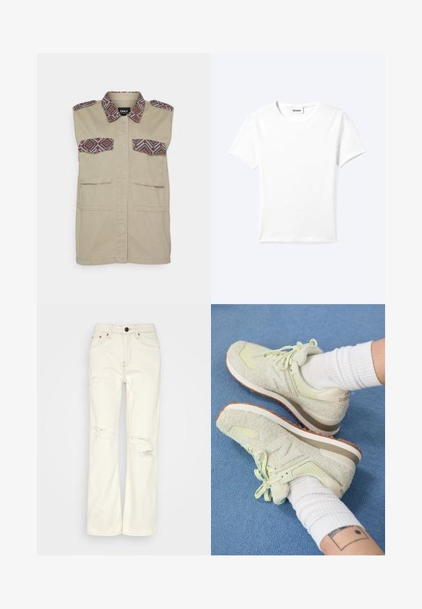 ONLY ONLLILLIAN UTILITY WAISTCOAT - Vest - mermaid; Ensfarvet hvid t-shirt med korte ærmer og rund halsudskæring med en lille "WEEKDAY" label indeni halskanten, vist fladt på en lys baggrund.; BDG Urban Outfitters STRAIGHT - Jeans Straight Leg - ecru; Lysegrønne New Balance-sneakers med struktureret nubuck og mesh, med snørebåndsdesign og gummisål i brun, placeret på et blåt tæppe.