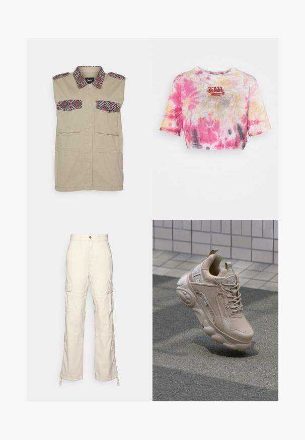 ONLY ONLLILLIAN UTILITY WAISTCOAT - Bodywarmer - mermaid; Korte mouw tie-dye t-shirt in roze, geel en grijs met een geborduurd rood "Von Dutch Originals" logo op de borst. Geknipt.; Guess Originals GO DAVID PANT - Broek - off-white; Beige sportieve schoen met een bovenwerk van mesh en synthetisch materiaal, gewatteerde kraag en een stevige zool met textuuraccenten. Merkzichtbaar aan de zijkant.