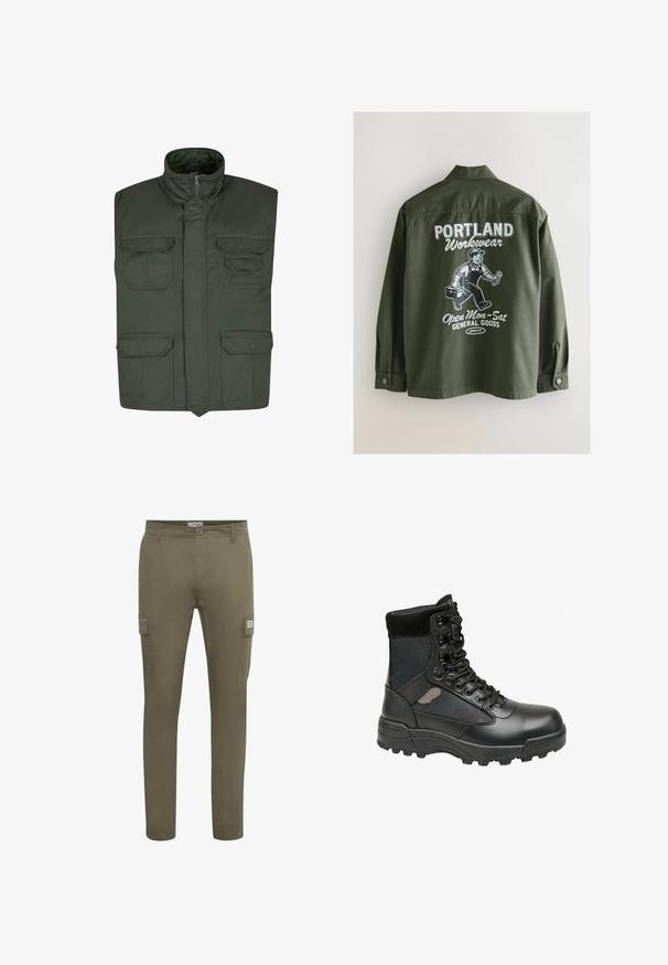 Brandit SAFARI - Chaleco - olive; Chaqueta de trabajo verde oliva con cuello abotonado, que presenta un gráfico blanco en la parte posterior de una persona, una caja de herramientas y texto en fuente negrita.; Pantalones cargo verde oliva fabricados con un tejido ligero, con un corte recto, bolsillos laterales y puños elásticos en los tobillos.; Bota negra de estilo militar con parte superior de cuero, paneles de tela, cierre de cordones en la parte delantera y suela de goma resistente para tracción. Punta reforzada y soporte para el tobillo.