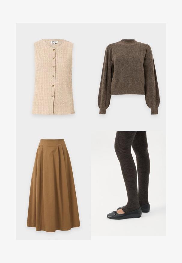 Ærmeløs beige tekstureret bluse med rund hals og forreste række af seks knapper, mærket "ONLY" ved kraven.; Brun strikket trøje med ribbet tekstur, rund halsudskæring og ballonærmer, der har lodrette striber og en cropped design.; Brun bomulds A-linjeet nederdel med høj talje, præget af læg foran og en glat tekstur. Endeafslutningerne er enkle og rene.; Ben iført mørke ribbede leggings kombineret med sorte balletsko med små sløjfedetaljer på hvid baggrund.