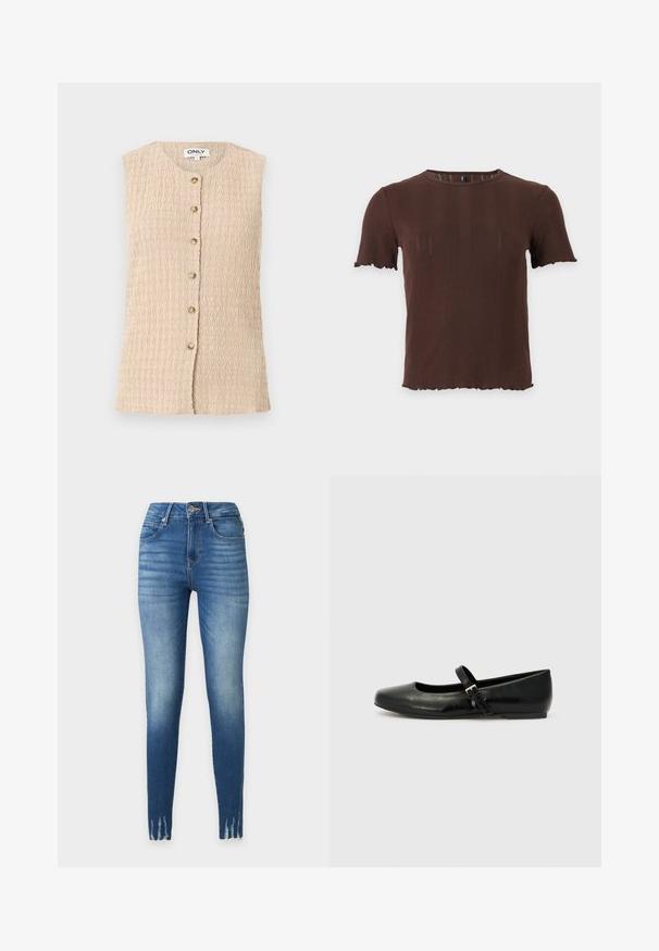 Blouse beige texturée sans manches avec encolure ronde et rangée frontale de six boutons, étiquette "ONLY" au col.; Haut marron en maille côtelée à manches courtes avec un col rond et des bords festonnés aux manches et à l'ourlet, présenté sur un fond clair uni.; Jean skinny taille haute bleu avec détails délavés sur les cuisses, style cinq poches, fermeture par bouton et zip, et ourlets effilochés.; Ballerines en cuir noir avec un bout arrondi, une semelle plate et une fine sangle ajustable sur le cou-de-pied avec une boucle en métal.