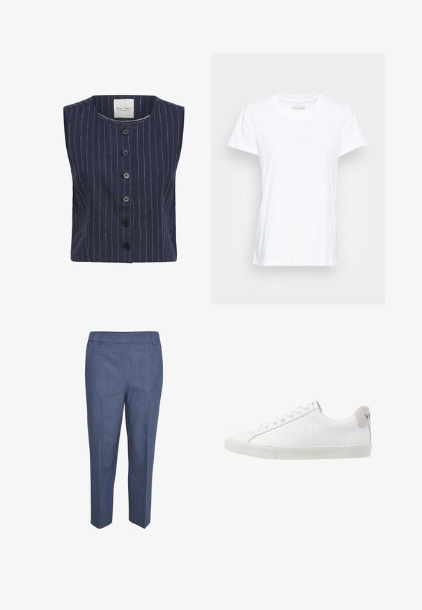 Chaleco sin mangas azul marino con rayas blancas verticales, cuello redondo y seis botones negros en la parte frontal.; Camiseta blanca de manga corta hecha de algodón suave. Presenta un escote redondo y un corte ligeramente holgado con aberturas laterales para mayor comodidad.; Pantalones a medida de tela azul oscura con una sutil textura. Presentan un frente plano, piernas rectas y una cintura de altura media. Sin bolsillos visibles.; Zapatillas de cuero blanco con una suela de goma texturizada en un tono blanco roto. Las características incluyen cordones, costuras sutiles y un acento en gamuza gris en el talón.