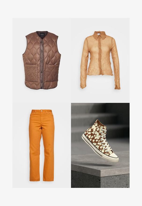 Monki Γιλέκο - brown; Weekday CRINKLE FITTED SHIRT - Μπλούζα - brown; Monki Straight leg jeans - brown medium dusty; Καφέ και μπεζ αθλητικό παπούτσι τύπου leopard με κορδόνια σε λευκό χρώμα, αιωρούμενο πάνω από ένα τσιμεντένιο περίβολο με σκάλες στο φόντο.
