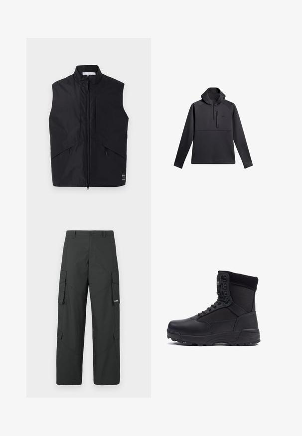 Schwarze ärmellose Weste aus leichtem, wasserabweisendem Material, mit hohem Kragen, Frontreißverschluss und schrägen Seitentaschen.; Schwarzer Pullover mit Kapuze, ausgestattet mit einem Viertel-Reißverschluss auf der Vorderseite, Raglanärmeln und einer mit Reißverschluss versehenen Brusttasche; glatte Textur und sportliches Design.; Schwarze gerade Cargo-Hosen mit seitlichen Klappentaschen, Druckknopfverschluss, Gürtelschlaufen und kleinem weißen Logo auf der Klappentasche rechts.; Schwarzer taktischer Stiefel mit einem glatten Lederoberteil und Stoffpaneelen, hoher Knöchelgestaltung, schnürbarem vorderen Teil und robustem Gummisohle.