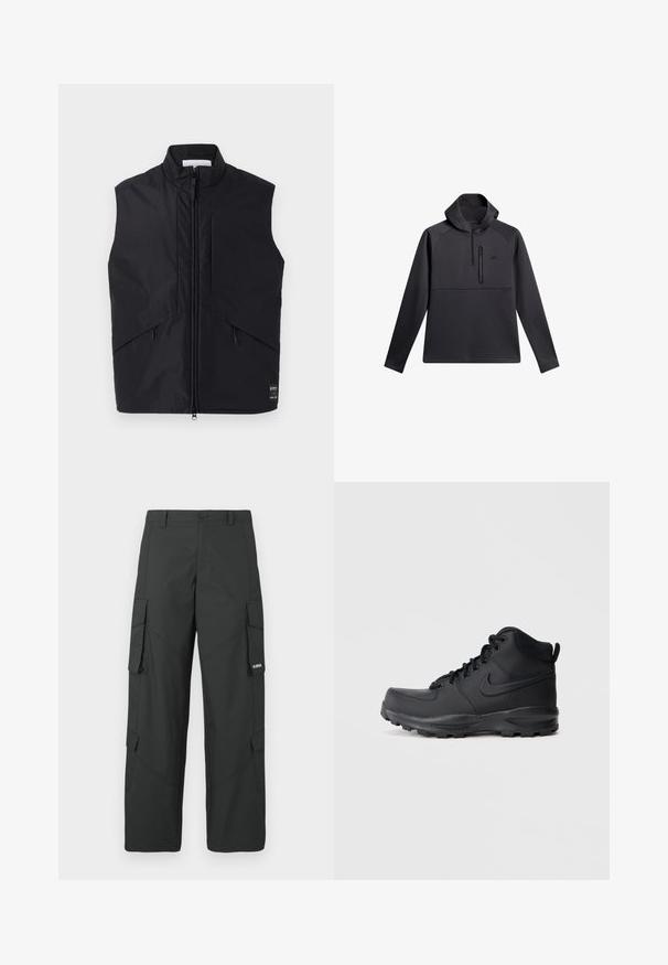 Schwarze ärmellose Weste aus leichtem, wasserabweisendem Material, mit hohem Kragen, Frontreißverschluss und schrägen Seitentaschen.; Schwarzer Pullover mit Kapuze, ausgestattet mit einem Viertel-Reißverschluss auf der Vorderseite, Raglanärmeln und einer mit Reißverschluss versehenen Brusttasche; glatte Textur und sportliches Design.; Schwarze gerade Cargo-Hosen mit seitlichen Klappentaschen, Druckknopfverschluss, Gürtelschlaufen und kleinem weißen Logo auf der Klappentasche rechts.; Schwarze High-Top-Sneaker mit einem glatten synthetischen Obermaterial, runder Zehenpartie, gepolstertem Schaft und strukturiertem Gummisohle. Verfügt über ein Schnürdesign und ein Logo-Element.