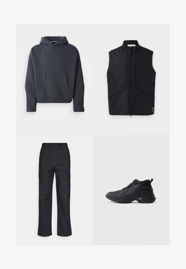 Musthave musterta, mis on valmistatud kerge ja veekindla materjali, millel on kõrge kaelus, esine zipper ja kaldus küljekotid.; Tumehall kardigan pehmeast materjalist, millel on esikäe tasku lukuga, soonikkoes varrukad ja väike logo rinnal.; Mustad cargo püksid sirge säärega disainiga, küljetaskud ja tekstuuriga kangas. Nööp sulgemisega vöökoht, et tagada kindel istuvus.; Mustad spordijalatsid, mis on valmistatud sünteetilisest materjalist. Omavad pehmet kraega, ümmargust ninaosa, tugevat tallapinda haardega ning brändilogo detaile.