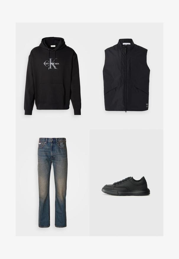 Musthave musterta, mis on valmistatud kerge ja veekindla materjali, millel on kõrge kaelus, esine zipper ja kaldus küljekotid.; Must värvi kapuutsiga särk, mis on valmistatud puuvilla segust, ees on tasku ja rinnal halli ja valgega trükitud Calvin Kleini logo.; Kõrge vöökohtadega sinised teksad, mis on valmistatud denimist, sirge sääre disainiga, kulunud ja kahjustatud plaastritega ning traditsioonilise viie taskuga stiiliga.; Mustad mustikasneaker sünteetilisest materjalist, millel on sile tekstuur, ümmargune varvas, lame pael ja valge tallaga ning tagasihoidlik õmblusdetail.