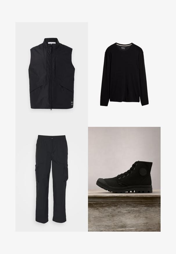 Chaleco negro sin mangas hecho de material ligero y resistente al agua, con un alto cuello, cremallera frontal y bolsillos laterales en ángulo.; Camiseta negra de manga larga hecha de lana merino. Presenta un cuello redondo y una textura suave, con un corte holgado y sin patrones visibles.; Pantalones cargo negros hechos de tejido tejido. Cuenta con una cinturilla ajustable, bolsillos laterales y dos bolsillos de utilidad con cremalleras.; Zapatillas altas negras con exterior de lona, punta de goma y suela texturizada. Presenta ojetes de metal y un detalle de logo circular en el costado.