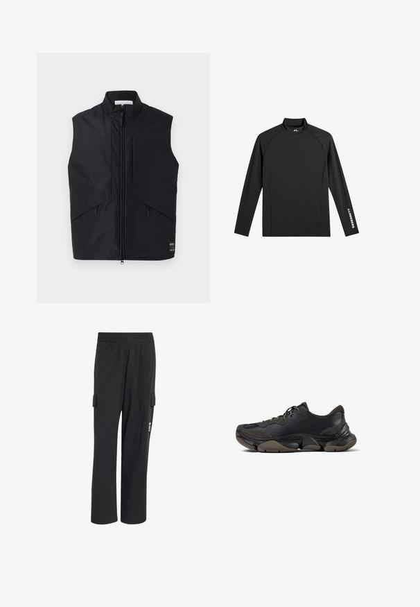 Chaleco negro sin mangas hecho de material ligero y resistente al agua, con un alto cuello, cremallera frontal y bolsillos laterales en ángulo.; Camiseta negra deportiva de manga larga con cuello alto falso, corte ajustado y logo blanco "J.Lindeberg" en la manga izquierda y el cuello.; Pantalones negros de pierna recta con cintura elástica y bolsillos cargo a ambos lados, con un pequeño logo blanco en el bolsillo derecho.; Zapatilla deportiva negra con suela texturizada, parte superior de cuero y gamuza, cuello acolchado y cierre con cordones, mostrada en perfil lateral.