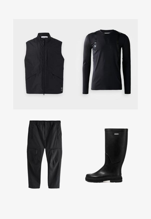 Schwarze ärmellose Weste aus leichtem, wasserabweisendem Material, mit hohem Kragen, Frontreißverschluss und schrägen Seitentaschen.; Schwarzes, langärmliges Sportshirt aus glattem, dehnbarem Stoff. Verfügt über glänzende schwarze Akzente an den Schultern und ein Adidas-Logo auf der Brust.; Next Cargohose - black; Schwarzer Gummi-Regenstiefel mit glatter Textur, runder Zehenform und einem Logo-Patch. Verfügt über eine mittelhohe Schafthöhe und eine strukturierte Sohle für besseren Halt.