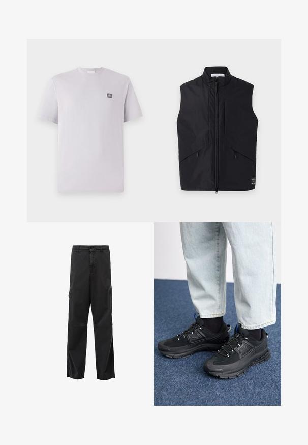 Sort ærmeløs vest lavet af letvægts, vandafvisende materiale, med høj krave, lynlås foran og skrå sidelommer.; Lys lavendelfarvet kortærmet t-shirt lavet af bomuld med rund hals og et lille mørkt logo-patch på venstre bryst. Glat tekstur.; Sorte cargo bukser med lige skæring, knaplukning og sidelommer. Glat stof med mat finish og uden synlige mønstre.; Sorte træningssko med tekstureret stof og gummisåler, udstyret med elastiske snørebånd og en blå detalje på hælen. Bæres med lyse denimbukser.