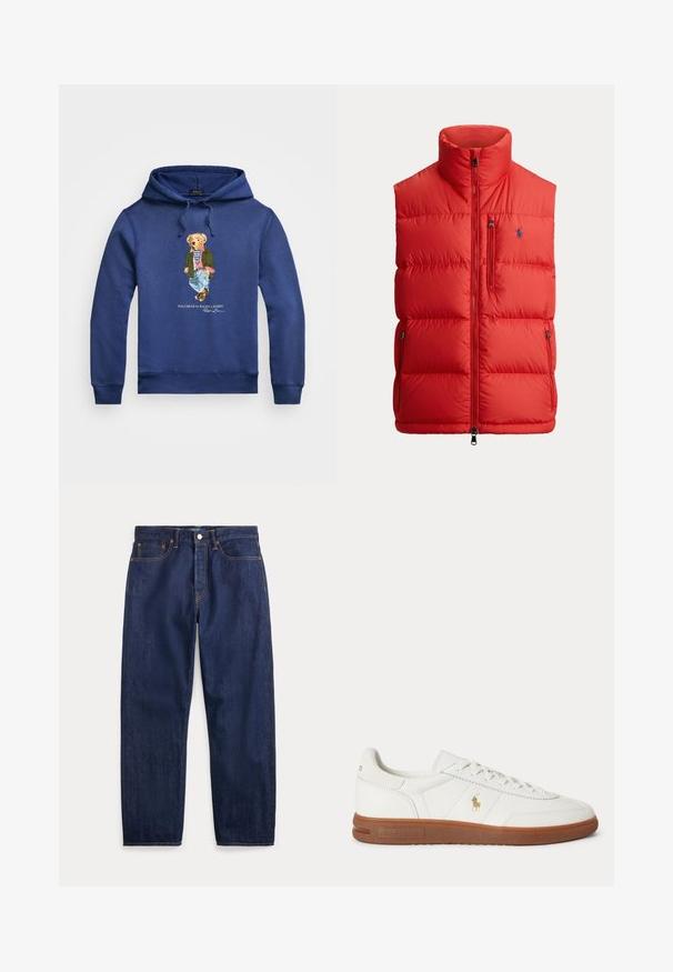 Chaleco acolchado rojo con tejido guateado, cuello alto, cremallera frontal, cremallera en el bolsillo del pecho y logo bordado en el lado izquierdo del pecho.; Sudadera marina hecha de una mezcla de algodón con un gráfico frontal de un oso en atuendo casual, que incluye chaqueta, vaqueros y zapatos; cuenta con cordones.; Vaqueros de mezclilla azul oscuro con perneras rectas, cinco bolsillos, cierre de botones y costuras visibles.; Zapatilla blanca de caña baja con suela marrón, cordones en la parte delantera y pequeño logo dorado de Polo Ralph Lauren en el lateral.