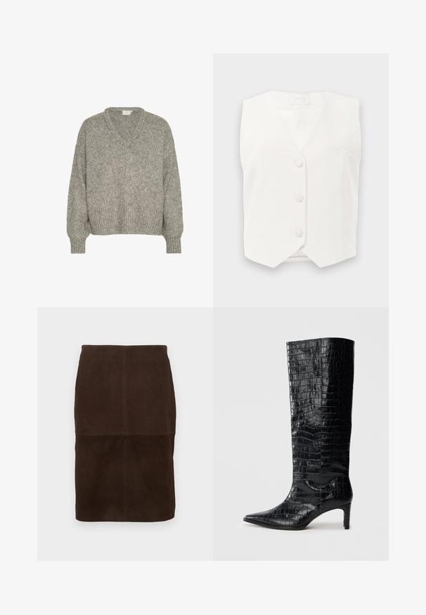 Hvid ærmeløs vest med V-halsudskæring, fem knapper og en lille venstre brystlomme. Glat tekstur og struktureret design.; Lys grå strikket sweater med V-hals, løstsiddende pasform, ribbede mansjetter og kant. Lavet af tekstilmateriale med en blød udseende.; Mørkebrun ruskind blyantskørt med synlige sømdetaljer, knælængde, vist mod en lys baggrund.; Sorte knæhøje støvler med en blank, krokodillemønstret tekstur, spids tå og en affaset hæl. Glat syntetisk materiale.