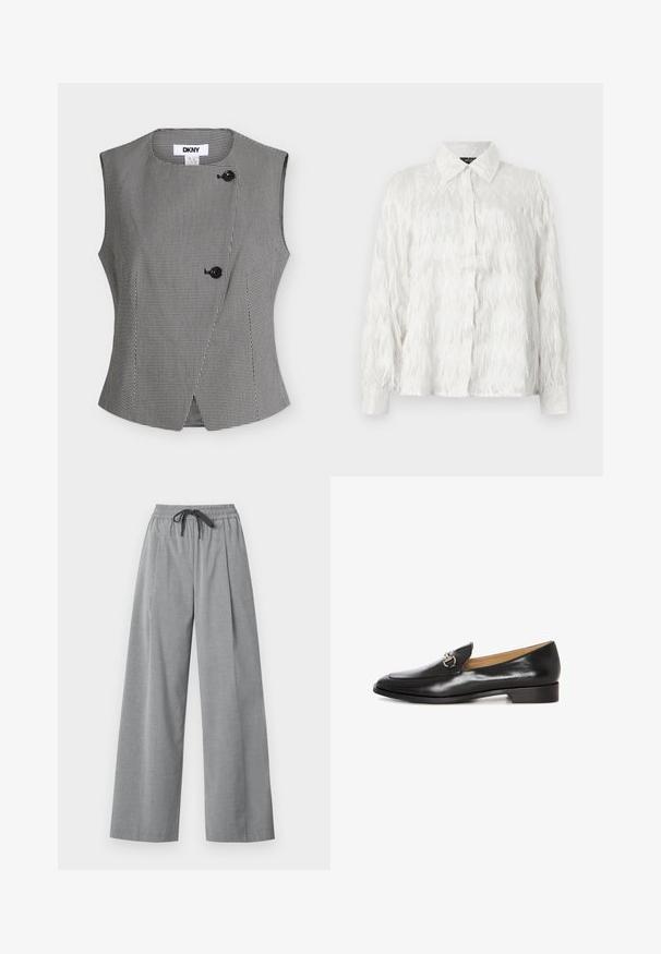 Gilet sans manches pied-de-poule noir et blanc avec deux boutons noirs et un col rond, étiqueté DKNY à l'intérieur du col.; Chemise blanche à boutons avec un motif en zigzag texturé et des accents effilochés, dotée d'un col classique et de manches longues.; Pantalon gris clair à jambes larges avec taille élastique et cordon noir, fabriqué en tissu lisse, présenté sur fond blanc.; Loafers en cuir noir au design épuré, avec un talon plat et un détail en métal argenté sur le devant. Texture lisse avec une forme de bout pointu.