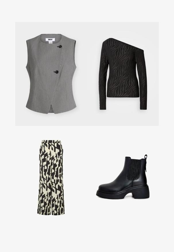 Ärmellose schwarz-weiße Hahnentrittweste mit zwei schwarzen Knöpfen und rundem Ausschnitt, innen am Kragen mit DKNY-Label.; Schwarzes langärmliges Oberteil mit asymmetrischem Ausschnitt, ausgestattet mit einem Zebra-Streifen-Muster und einer durchsichtigen Textur.; Weite Hüfthose aus strukturiertem Stoff mit einem kräftigen, schwarz-weißen, abstrakten Muster. Ausgestattet mit Seitentaschen und einem lässigen Schnitt.; Schwarze Lederknöchelstiefel mit elastischen Seiteneinsätzen, runder Zehenpartie, massiven strukturierten Absatz und einer Schlaufe an der Rückseite für ein einfaches Anziehen.