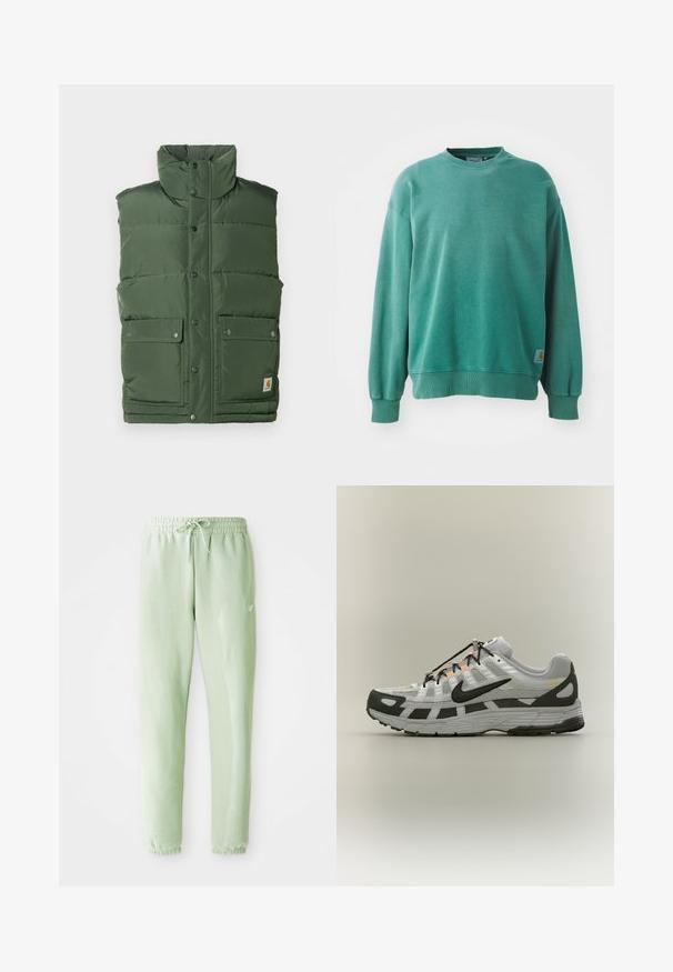 Zelená zateplená vesta s vysokým golierom, cvokmi a dvoma prednými vreckami. Vyrobená z hladkého, polstrovaného materiálu s prešívaným dizajnom.; Zelený crewneck sveter vyrobený z bavlneného zmesi. Obsahuje rebrované manžety a lem, uvoľnený strih a malú logo nášivku na dolnej ľavej strane.; Svetlozelené tepláky vyrobené z mäkkého bavlneného materiálu, s elastickým pásom na šnúrku a zúženými nohavicami, dokončené sťahovacími manžetami.; Biele a sivé športové tenisky s čiernym logom Nike, čiernymi šnúrkami a oranžovými detailmi na neutrálnom pozadí.
