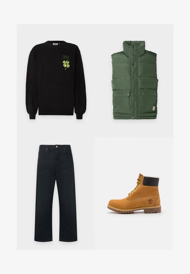 Gilet isolé vert avec un col haut, des boutons-pression et deux poches avant. Fabriqué en matériau lisse et rembourré avec un design matelassé.; Sweat-shirt noir en tissu doux, avec un trèfle à quatre feuilles vert brodé et un texte sur la poitrine. Poignets et ourlet côtelés.; Pantalon noir à jambes larges en denim, doté d'un design à cinq poches, de garnitures dorées, et d'une finition soignée sur la ceinture et l'ourlet.; Bottine en cuir brun avec œillets en métal, doublure en fourrure blanche, col rembourré noir, semelle robuste et logo en relief sur le côté.