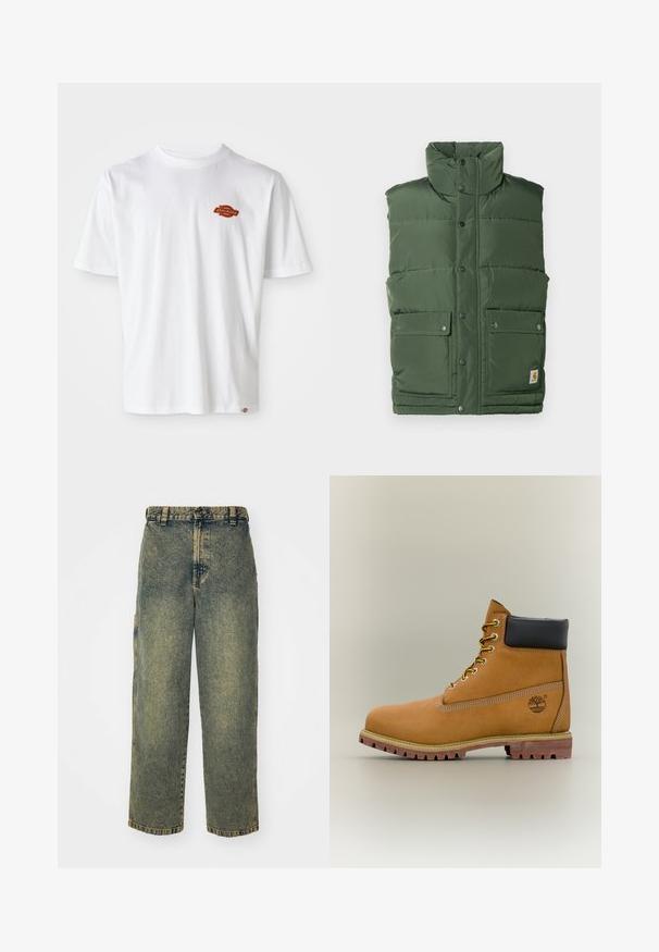 Grøn isoleret vest med høj krave, trykknapper og to forlommer. Lavet af glat, polstret materiale med en quiltet design.; Hvid bomulds t-shirt med korte ærmer, der har et lille orange og sort "Dickies" logo på venstre brystområde.; Slidse denim jeans i en falmet blå og grøn vask. Har en knaplukning, bælteløkker og sidelommer. Flad front og lige ben-design.; Brun læderankelstøvle med sort krave, gule snørebånd og tanfarvet sål. Har logo og hvide syninger som detalje. Robust ydersål med greb.