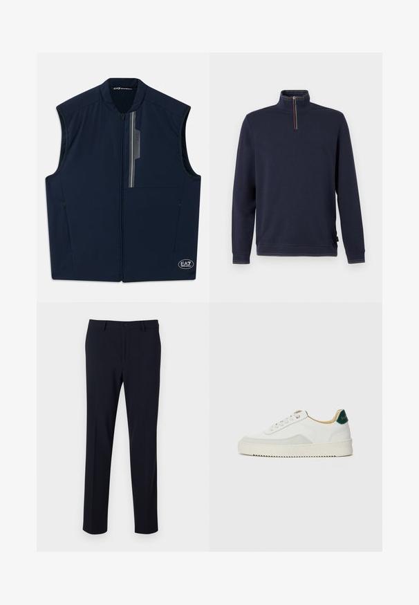 Tumed sinine ilma varrukateta suletav vest, millel on püsti krae, vertikaalne peegelduv triip ja EA7 Emporio Armani logod rinnal ja alumisel äärel.; Tumesinine dressipluus kõrge kraega ja poole lukuga. Kaela ja serva ümber mitmevärviline triibuline ääris. Pehme puuvillasest segust kangas.; Tumedate püksid, millel on sile tekstuur, sirge jala disain, nööpkinnitus ja esitaskud; loodud kohandatud sobivuseks.; Valged tennisjalanõud, millel on sametised aktsendid, ümar varvas, lame nöörid ja kreemjas kummine põhja. Hästi nähtav roheline bränding kannal.