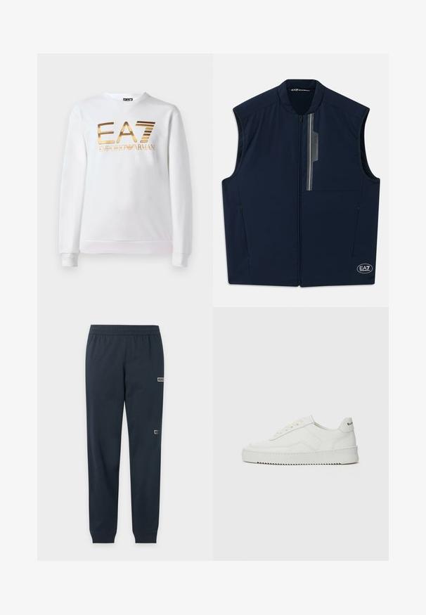 Chaleco sin mangas azul marino con cremallera y cuello alzado, franja reflectante vertical y logos de EA7 Emporio Armani en el pecho y el dobladillo.; Sudadera blanca de algodón con mangas largas y cuello redondo. Presenta un logo metálico dorado "EA7 EMPORIO ARMANI" en la parte delantera.; Pantalones deportivos ajustados de color azul marino con cintura y puños elásticos, con dos pequeños parches con el logo EA7 Emporio Armani en la pierna derecha.; Zapatilla de cuero blanca con un acabado suave, puntera redonda, cordones planos y suela texturizada. Cuenta con un sutil logo en el talón.
