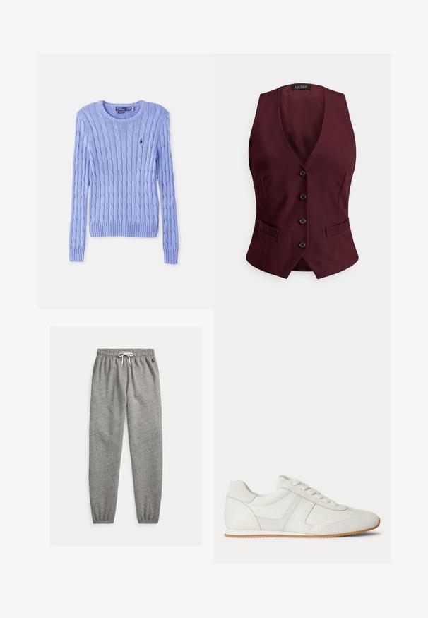 Gilet bordeaux à col en V, cinq boutons noirs, deux poches avant et tissu texturé. Coupe ajustée avec une légère évasement à la taille.; Pull en tricot bleu clair avec motif en relief, poignets et ourlet côtelés. Présente un petit logo sur la poitrine. Encolure ronde classique.; Pantalon de survêtement gris en mélange de coton doux, avec une taille élastique et un cordon de serrage, des chevilles resserrées et un petit logo en accent.; Baskets basses blanches avec laçage à l'avant, panneaux en daim et cuir, et une semelle en caoutchouc marron clair sur fond blanc.