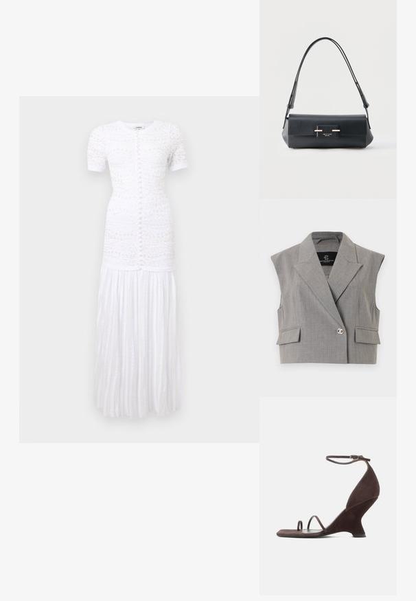 Veste grise cintrée sans manches avec de larges revers, deux poches à rabat et une fermeture à bouton décoratif argenté unique.; Robe maxi blanche à manches courtes avec fermeture à boutons à l'avant, broderie florale texturée sur le corsage, et détails de jupe plissée.; Sandale à talon haut en daim marron foncé avec talon compensé sculpté, bride de cheville avec boucle et deux fines lanières au niveau des orteils sur une semelle plate.; Sac à bandoulière en cuir noir de forme rectangulaire, avec fermeture à rabat, sangle réglable et plaque logo "rag & bone New York" en ton or.