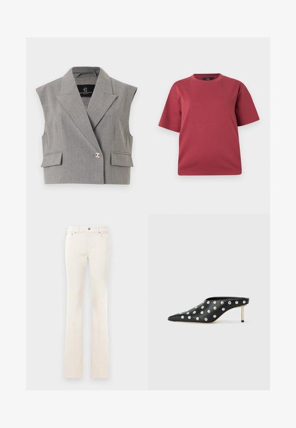 Mouwloos grijs op maat gemaakt vest met brede revers, twee klepzakken en een enkele zilveren sierknop als sluiting.; Korte mouwen, ronde hals T-shirt in stoffige roos met een ontspannen pasvorm, weergegeven op een effen witte achtergrond.; Witte rechtwijdige jeans met knopen aan de voorkant en zakken, weergegeven tegen een effen witte achtergrond.; STAND STUDIO KELSEY - Muiltjes met hak - black